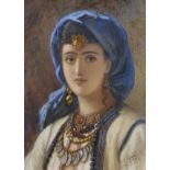 August Jules Bouvier (1825-1881) French. A Montenegrin Beauty, Jewelled wearing a Blue Headdress,