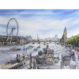 Phillip Bissell (1952- ) British. "A Glorious City", a Thames scene with the Millennium Wheel, Oil