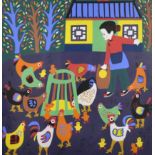 Yang de Hang (20th Century) Chinese "Feeding the Chickens", Mixed Media, Inscribed on a label on the