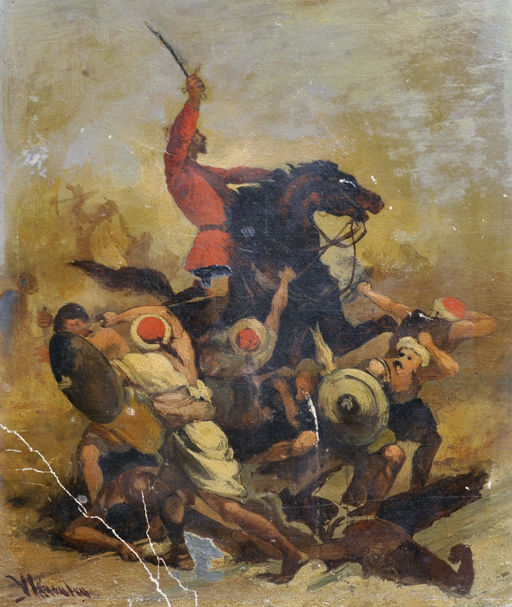 Manner of Eugene Delacroix (1798-1863) French. A Battle Scene, Oil on Board, Indistinctly Signed,