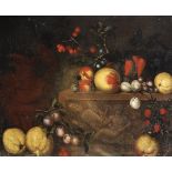 17th Century Italian School. A Still Life of Fruit on a Marble Ledge, with a Ewer to the side, Oil