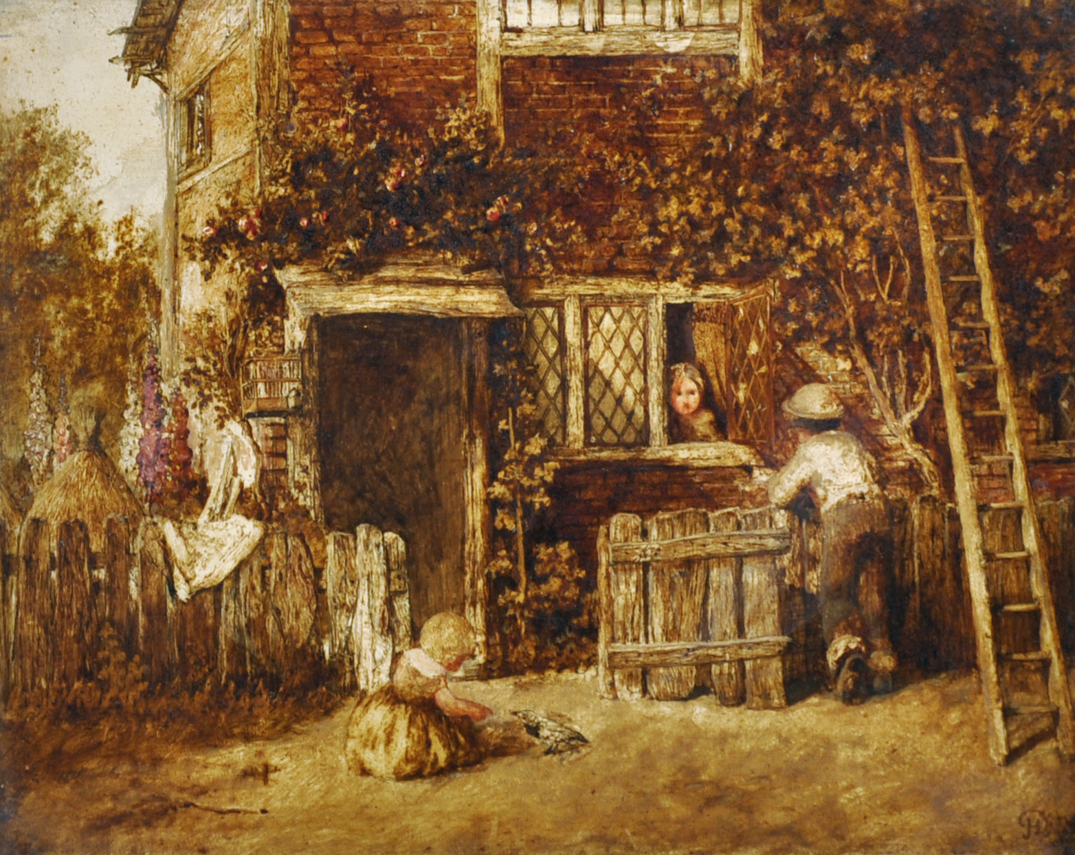 John Henry Dell (1836-1888) British. Children by a Cottage Door, Oil on Panel, Signed with Monogram,