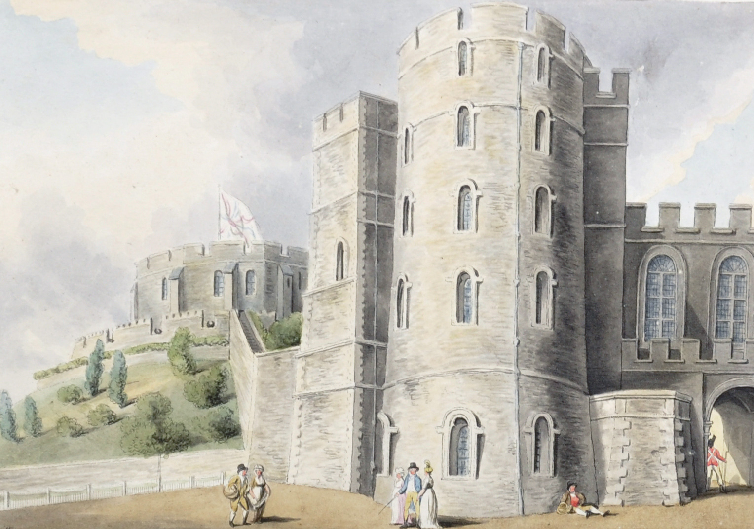 William Samuel Howitt (1756-1822) British. "Windsor Castle", with Figures by the Castle Walls, and a
