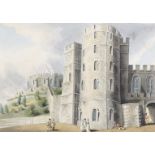 William Samuel Howitt (1756-1822) British. "Windsor Castle", with Figures by the Castle Walls, and a