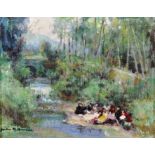 Jules Rene Herve (1887-1981) French. A River Scene with Figures Picnicking on the Riverbank, Oil