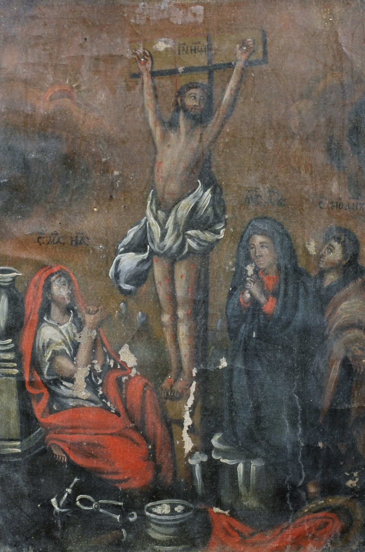 18th Century Greek School. Christ on the Cross, Oil on Canvas laid down, 12.5" x 8.5" (31.6 x 21.