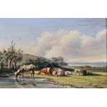 Circle of Alfred Vickers (Snr) (1786-1868) British. Cattle Watering in a Meadow, Oil on Panel, 6.25"