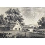 19th Century English School. A Figure outside a Cottage, by a River, Watercolour, Unframed, 6" x 8.