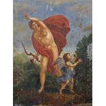 18th Century Spanish School. A Man Holding a Bow and Arrow, with a Cherub, Oil on Metal, 24.75" x