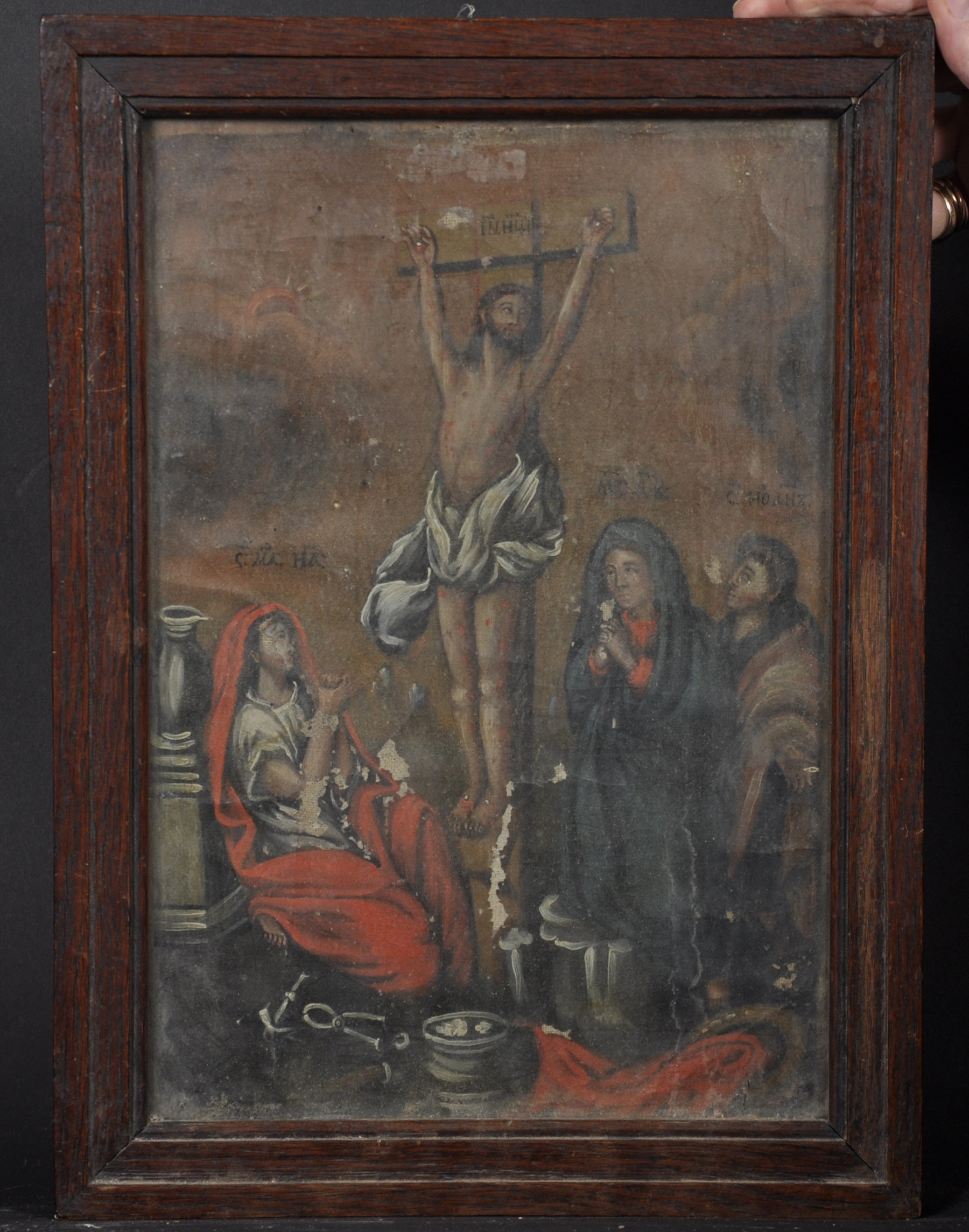 18th Century Greek School. Christ on the Cross, Oil on Canvas laid down, 12.5" x 8.5" (31.6 x 21. - Image 2 of 4