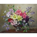 Albert Williams (1922- ) British. Still Life of Flowers in a Vase, on a sideboard, Oil on Canvas,