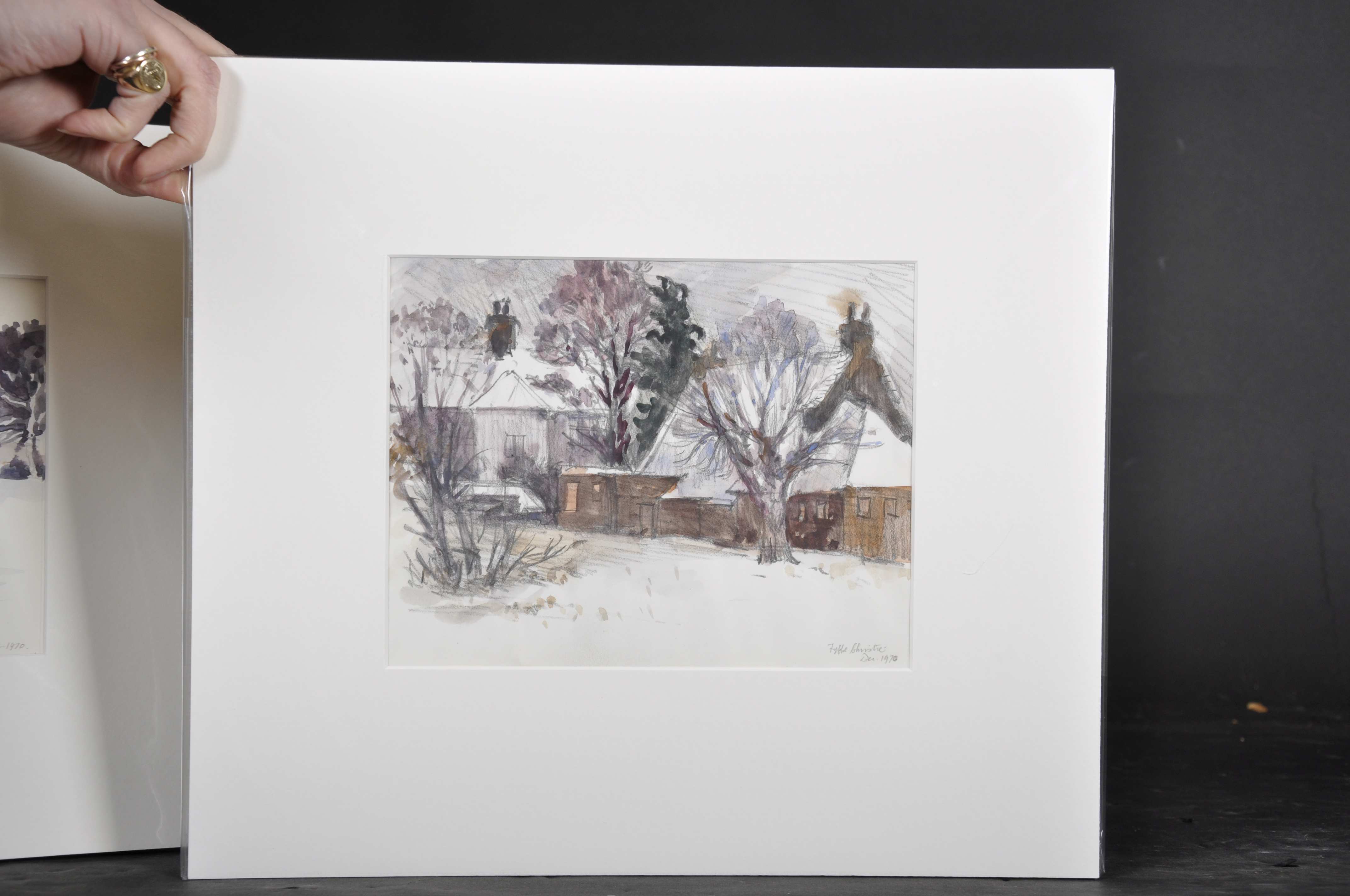 Fyffe Christie (1918-1979) British. "Cottages, Datchworth, Winter 1970", Watercolour, Signed and - Image 2 of 7