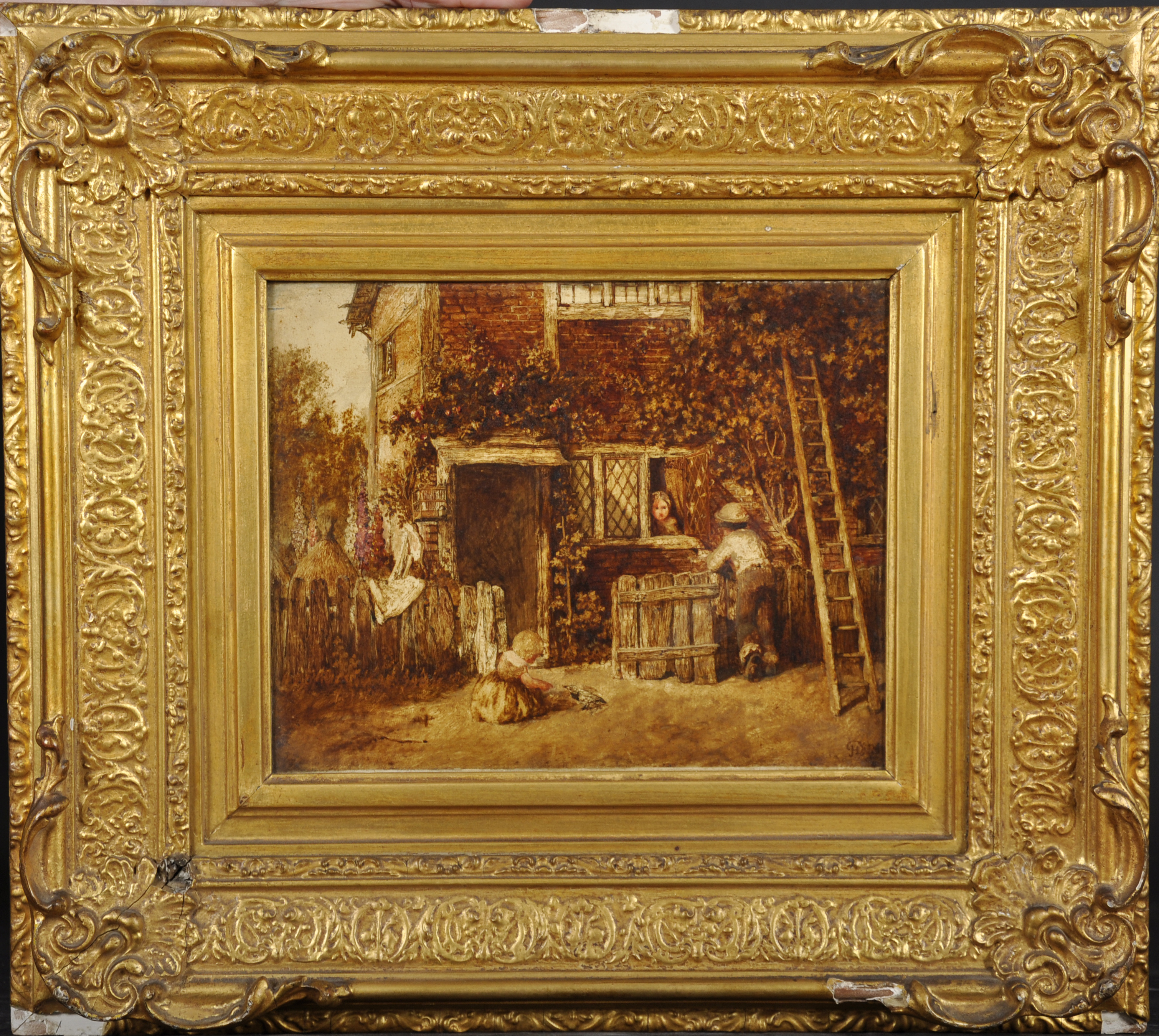 John Henry Dell (1836-1888) British. Children by a Cottage Door, Oil on Panel, Signed with Monogram, - Image 2 of 4