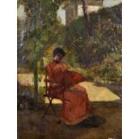 19th Century French School. A Young Lady Seated in a Garden, Holding a Fan, Oil on Canvas,
