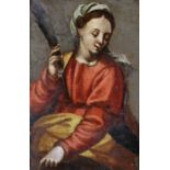 17th Century Italian School. Saint Catherine Holding a Palm Leaf, Oil on Panel, in a Fine 17th