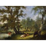 William Shayer (1788-1879) British. A River Landscape with Cattle, a Drover and his Dog under a