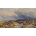 Thomas Collier (1840-1891) British. "The Coming Storm", a Moorland Scene with a Drover and Cattle,