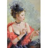 Konstantin Razumov (1974- ) Russian. "Lipstick", an Elegant Lady, dressed in black with a red Boa,