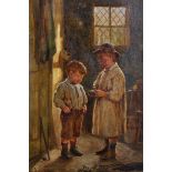 Justus Hill (1848-1925) British. A Cottage Interior with Two Young Boys examining a Bird, Oil on