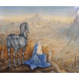 20th Century French School. A Surreal Landscape, with two Naked Ladies and a Horse, Oil on Canvas,