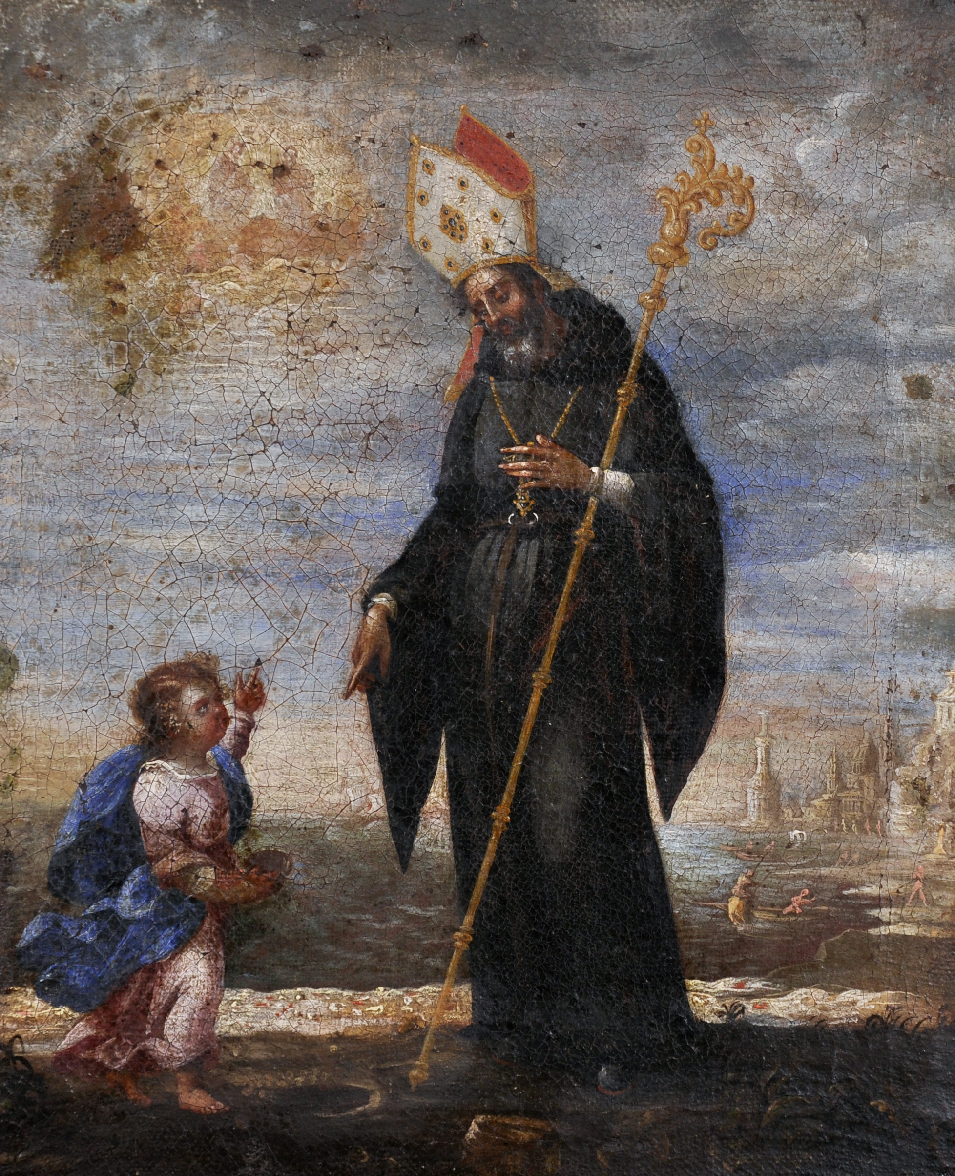 17th Century Italian School. A Priest with a Small Child, Oil on Canvas, Unframed, 11.75” x 9.75” (