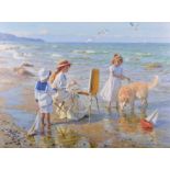 Alexandre Averin (1952- ) Russian. "On the Beach", with Three Children by an Easel, with a Dog and