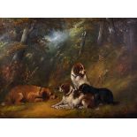 George Armfield (1808-1893) British. Study of Four Spaniels in a Wooded Landscape, Oil on Canvas,