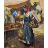 20th Century French School. A Young Girl in a Street Market, Oil on Board, Indistinctly Signed,