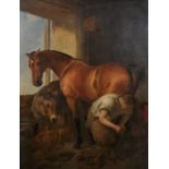After Edwin Henry Landseer (1802-1873) British. “Shoeing”, in the Blacksmiths, Oil on Canvas, 56”