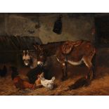 Arthur Batt (1846-1911) British. ‘Farmyard Friends', with Two Donkeys and Chickens, Oil on Canvas,