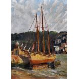 GeorgeTurland (1877-1947) British. ‘Goosey’, a Moored Sailing Boat, Oil on Board, 16” x 12” (40.