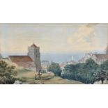 19th Century English School. Figures by a Church with a Bay in the distance, Watercolour,