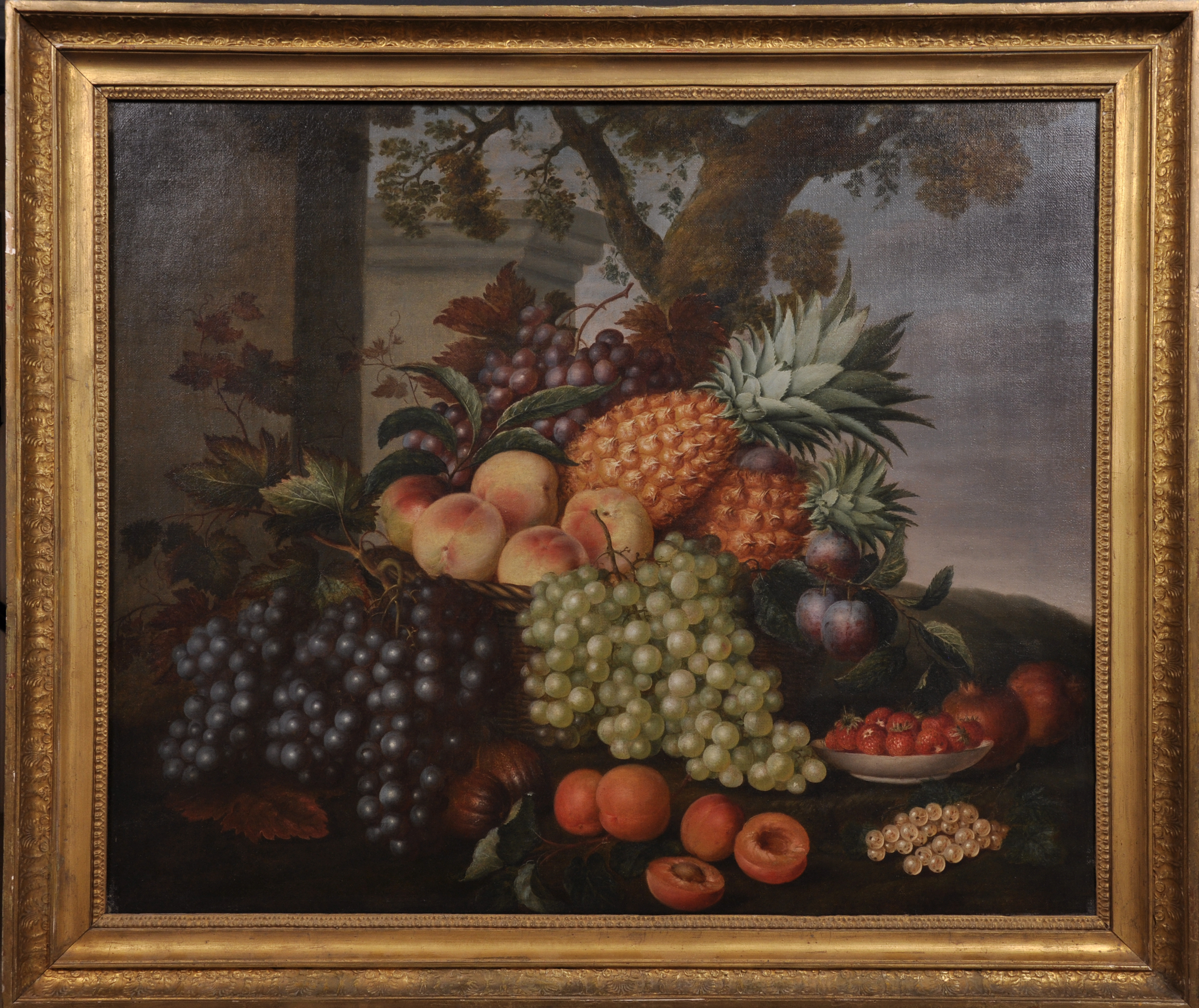 19th Century French School. Still Life of Fruit in a Basket on a Ledge, Oil on Canvas, in a French - Image 2 of 4