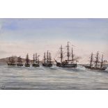 J… S… M… (19th Century) European. “French Fleet Entering Villefranche 1880”, Watercolour, Signed,