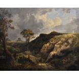 18th Century English School. A Stormy Landscape, with a Shepherd on Horseback with A Flock and a