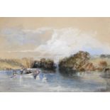 19th Century English School. A Lake Scene, with Figures in a Boat, and Swans in the foreground,