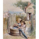 William St Clair Simmons (act.1878-1917) British. ‘The Toy Boat’, Two Young Children in a Water Tub,