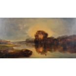 19th Century English School. A River Landscape at Dusk, with a Moored Boat and Ducks in the