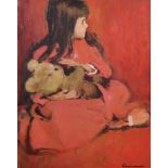 Fred Laurent (1922-1995) British. Study of a Young Girl, Holding a Teddy Bear, Oil on Board, Signed,