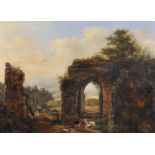 Early 19th Century French School. A Shepherd and his Flock by Classical Ruins, Oil on Canvas, 9.