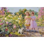 Konstantin Razumov (1974- ) Russian. “In the Rose Garden”, Two Young Girls picking Flowers, with a