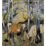 Hondu V Gaonkar (20th Century) Indian. “Bulls” in a Landscape, Oil on Canvas, Signed, and