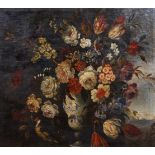 18th Century Italian School. Still Life of Flowers in a Chinese Vase, Oil on Canvas, in a Carved