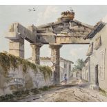 19th Century Italian School. A Figure Walking under a Ruin, Watercolour, Unframed, 7.75" x 8.5" (