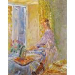 Jeffrey Pratt (1940- ) British. A Lady Ironing, Oil on Panel, Signed, Unframed, 18” x 14” (45.7 x