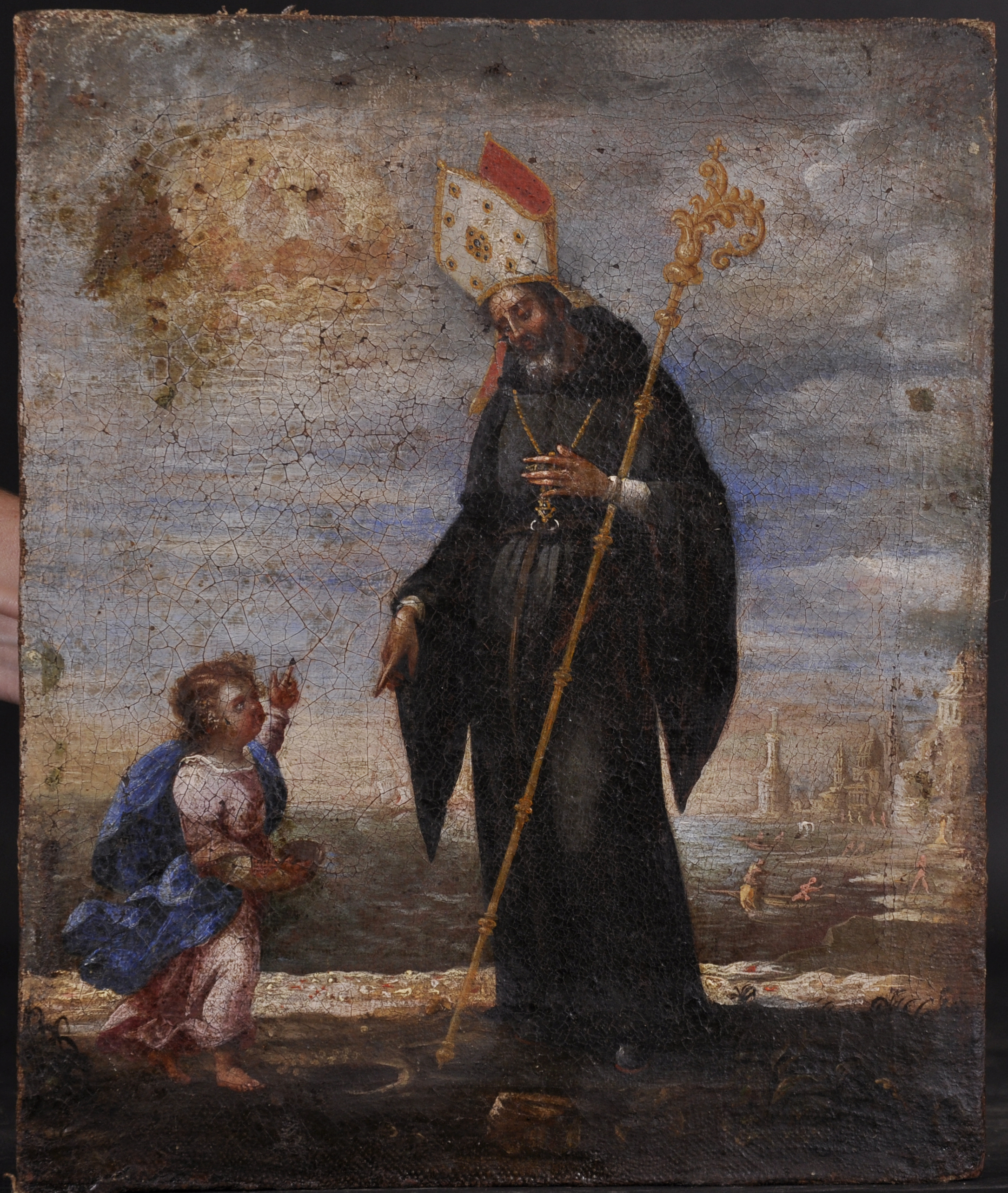 17th Century Italian School. A Priest with a Small Child, Oil on Canvas, Unframed, 11.75” x 9.75” ( - Image 2 of 3