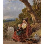 19th Century English School. A Mother and Child Resting by the wayside, Oil on Board, 17.5” x 15.