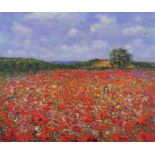 Michael James Strang (1942- ) British. “Poppy Field, Nr Usk, Trostrey Church in distance”, Oil on