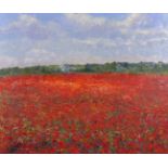 Michael J Strang (1942- ) British. “Poppy Field, Old Woking, Bonfire in Distance” Oil on Canvas