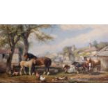 Henry Brittan Willis (1810-1884) British. A Farmyard Scene with Horses, Cattle and Chickens by a